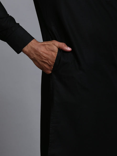 Vastramay Men's Black Cotton Blend Kurta and White Pant Set